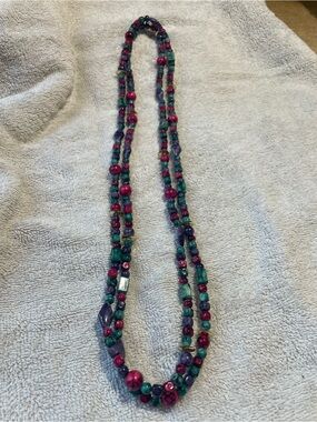 Multicolor Beaded Long Necklace - Pink, Teal & Purple